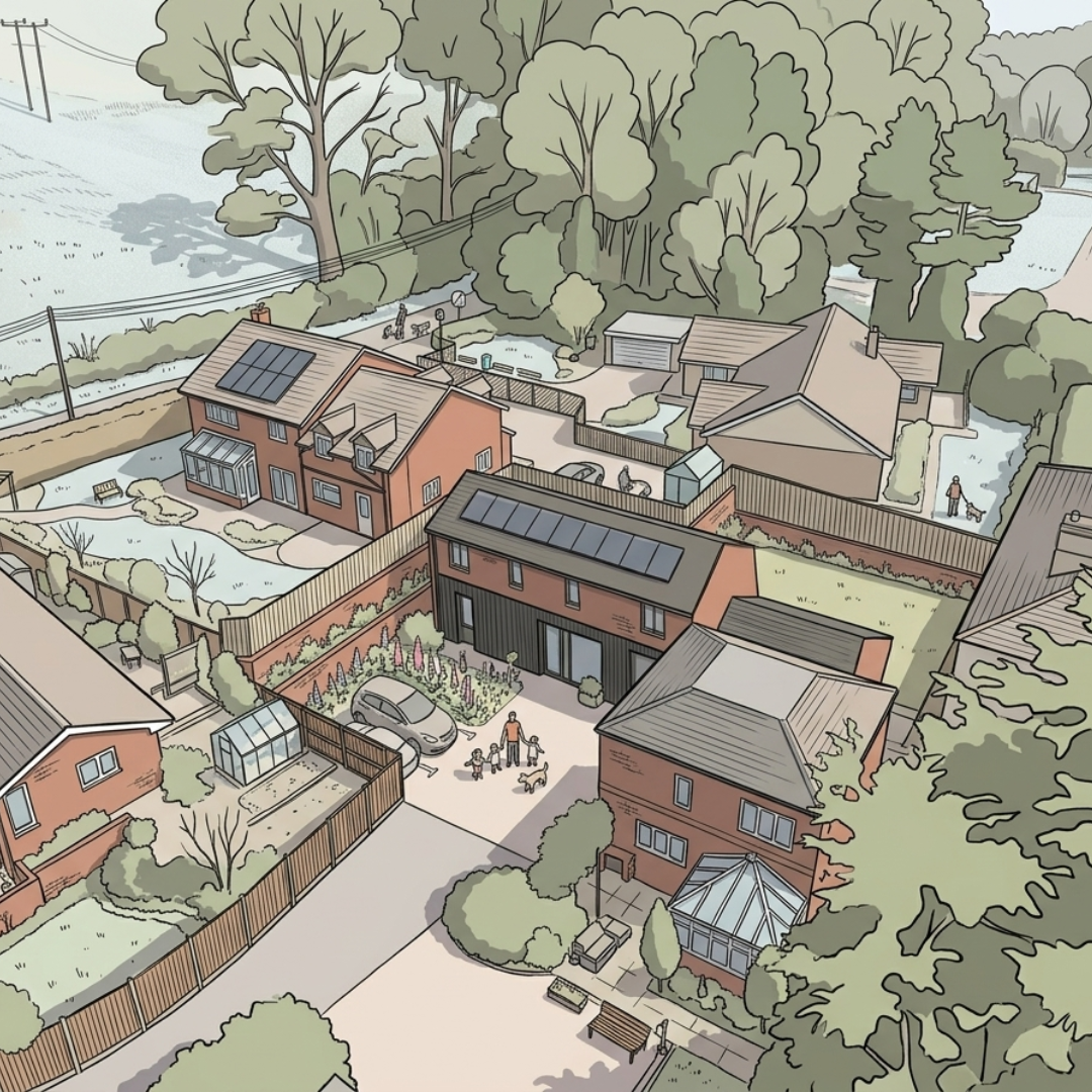 3D architectural visual of energy-efficient homes with solar panels, demonstrating sustainable residential design and reduced energy demand.