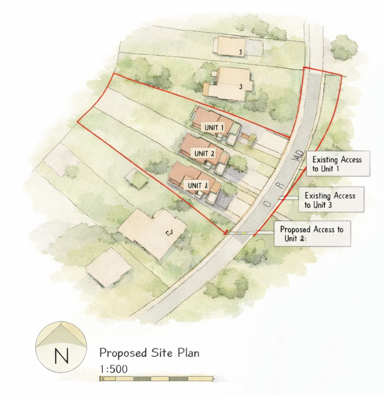Watercolour style architectural site plan showing proposed residential development of four homes with access layout and surrounding landscape. Watercolour style architectural site plan showing proposed residential development of four homes with access layout and surrounding landscape.