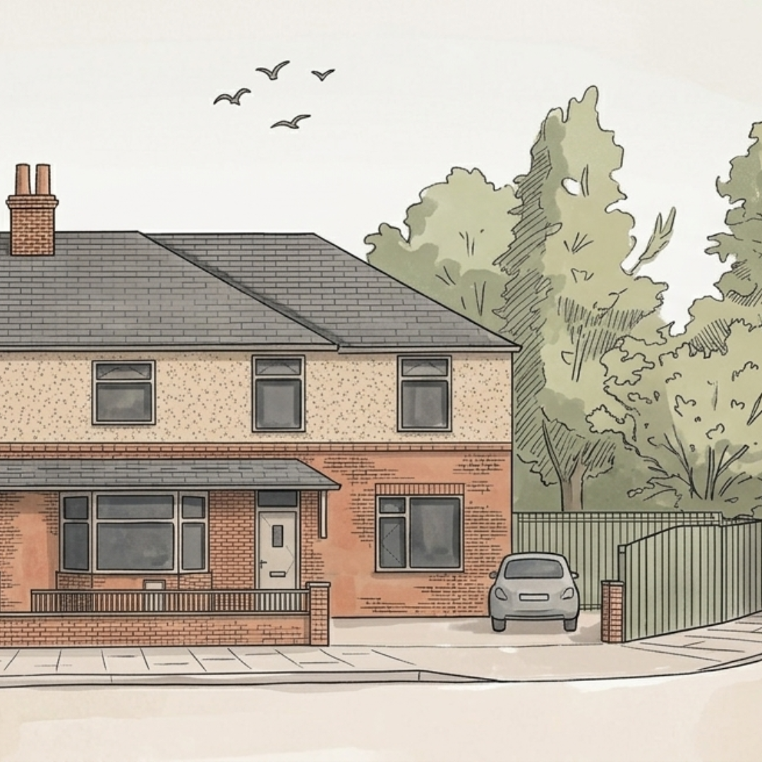 Residential extension design in Altrincham, South Manchester by Cheshire architects, showing a two-storey semi-detached house with modern brick and render finish and improved street presence.