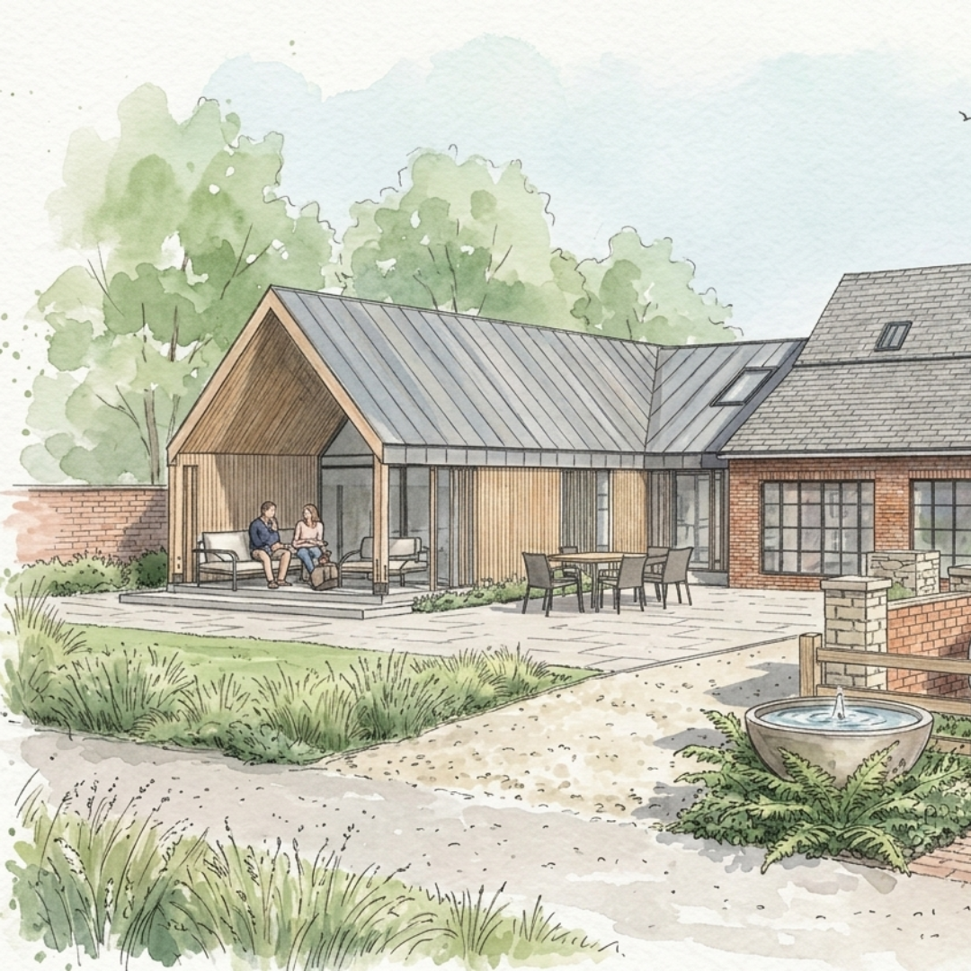 Architectural visualisation of a modern timber-clad home extension in a rural setting, featuring sustainable design, outdoor living space, landscaped gardens and a contemporary addition to a traditional brick farmhouse. Designed by Croft Architecture for comfortable, energy-efficient living.